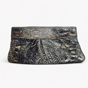 Lauren Merkin Metallic Reptile Print Clutch Black Gold Textured Evening Bag